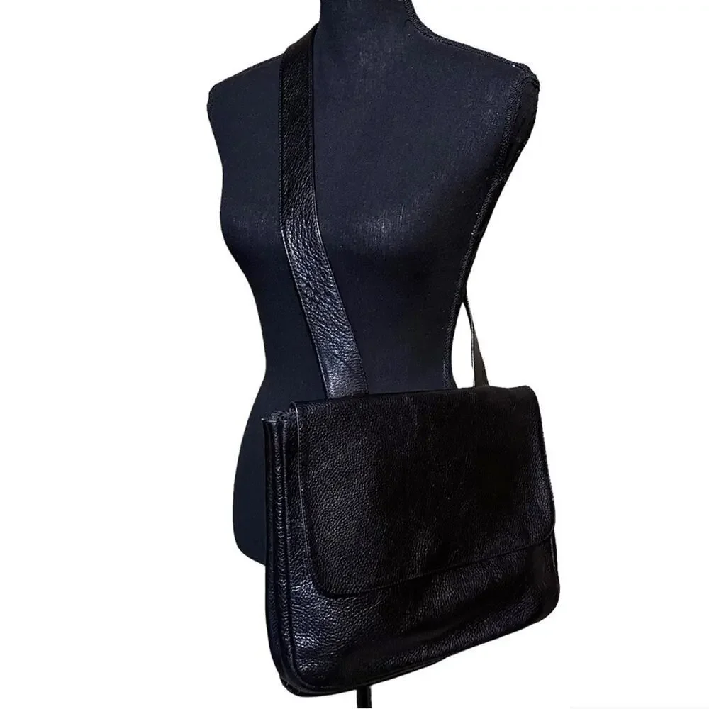 Jennifer Graham Classic Black Pebbled Leather Crossbody Messenger Bag